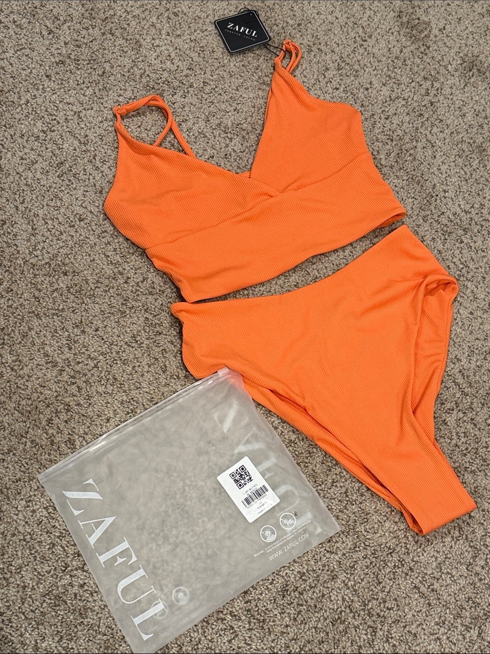 Zaful Orange Ribbed V-Neck Bikini Set
